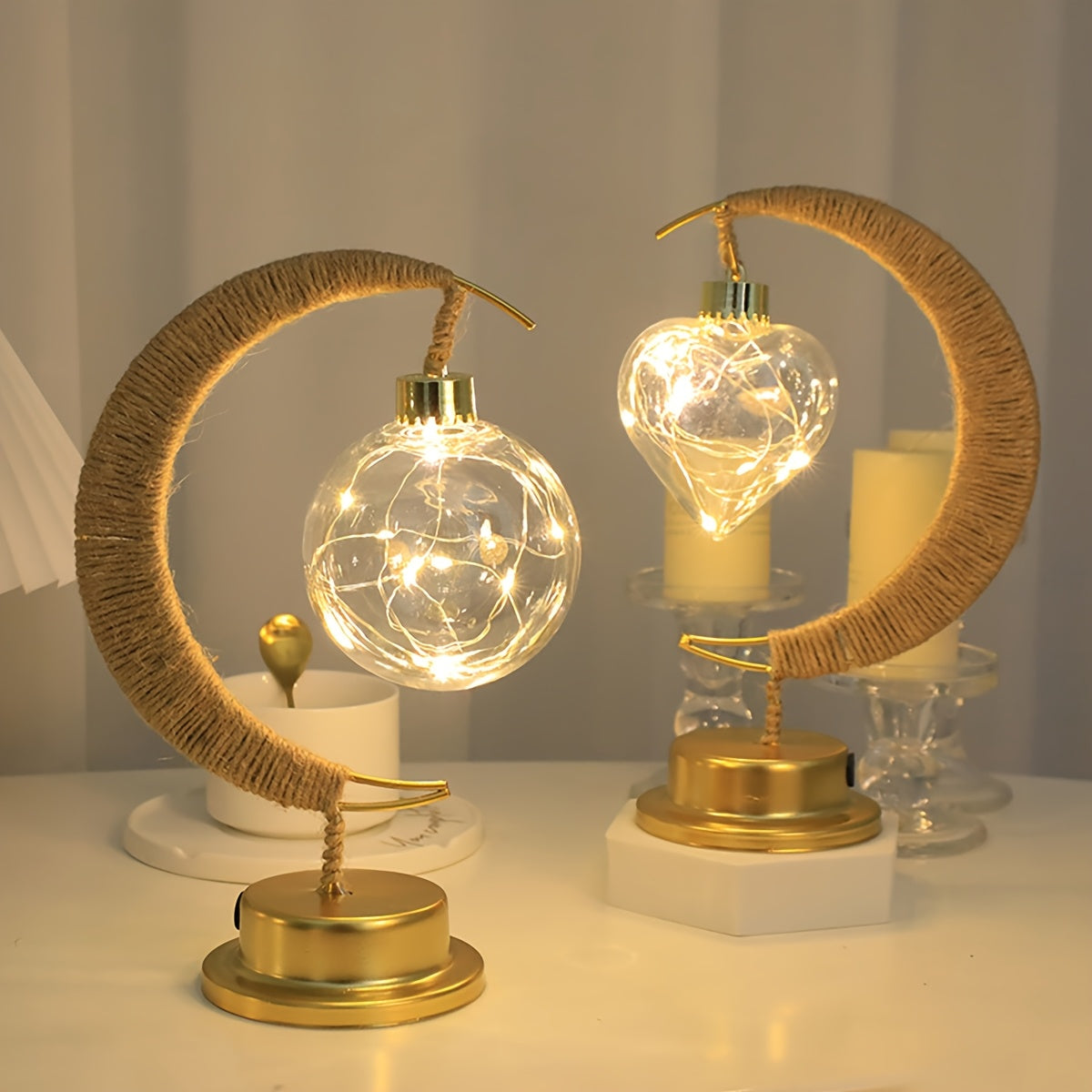 1pc LED Iron Art Hemp Rope Star and Moon Lamp Suitable for Festive Parties, Home Bedroom Table Light Atmosphere Modeling, Christmas, New Year, Eid al-Fitr and Ramadan Decoration Lighting (without Battery, Warm Light)