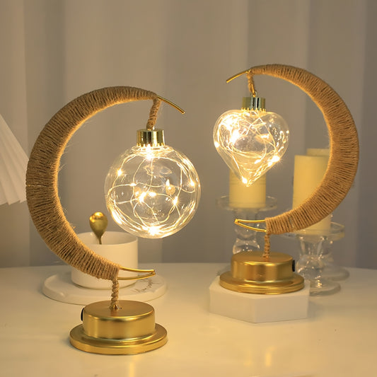 1pc LED Iron Art Hemp Rope Star and Moon Lamp Suitable for Festive Parties, Home Bedroom Table Light Atmosphere Modeling, Christmas, New Year, Eid al-Fitr and Ramadan Decoration Lighting (without Battery, Warm Light)