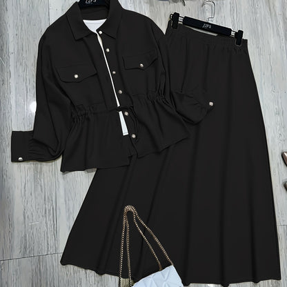 Elegant Women’s Drawstring Waist Top & Skirt Set – Spring/Autumn Collection