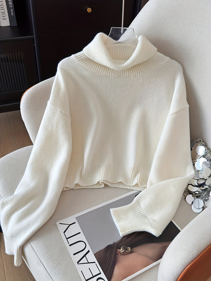 طقم ملابس تريكو نسائي لفصل الخريف والشتاء - فستان طويل فضفاض مع سترة بياقة عالية، بلون واحد