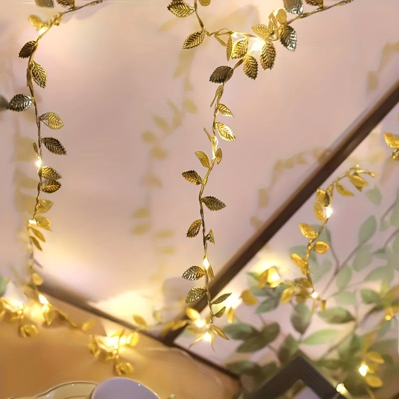 Golden Leaf Garland Fairy Lights | Plastic, Warm White LED, Battery Powered (2 Batteries Not Included), Ideal for Home, Tabletop, Wedding, Ramadan, Special Event Decorations - Featherless, No Batteries Included