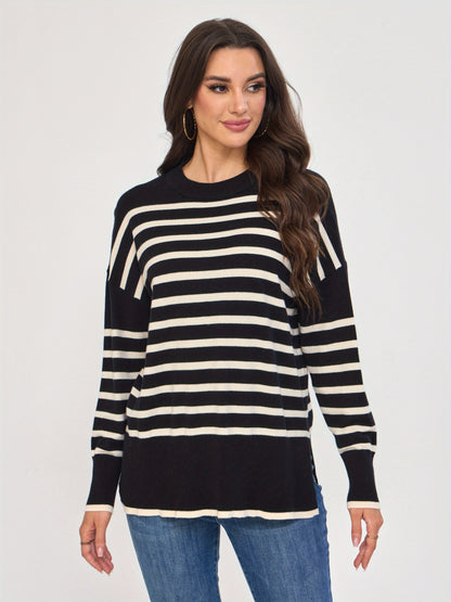 سترة نسائية شتوية دافئة مخططة - بلوزة محبوكة بأكمام طويلة ورقبة دائرية باللونين الأسود والأبيض، سترة أنيقة قابلة للتمدد مع الجينز والسراويل الضيقة