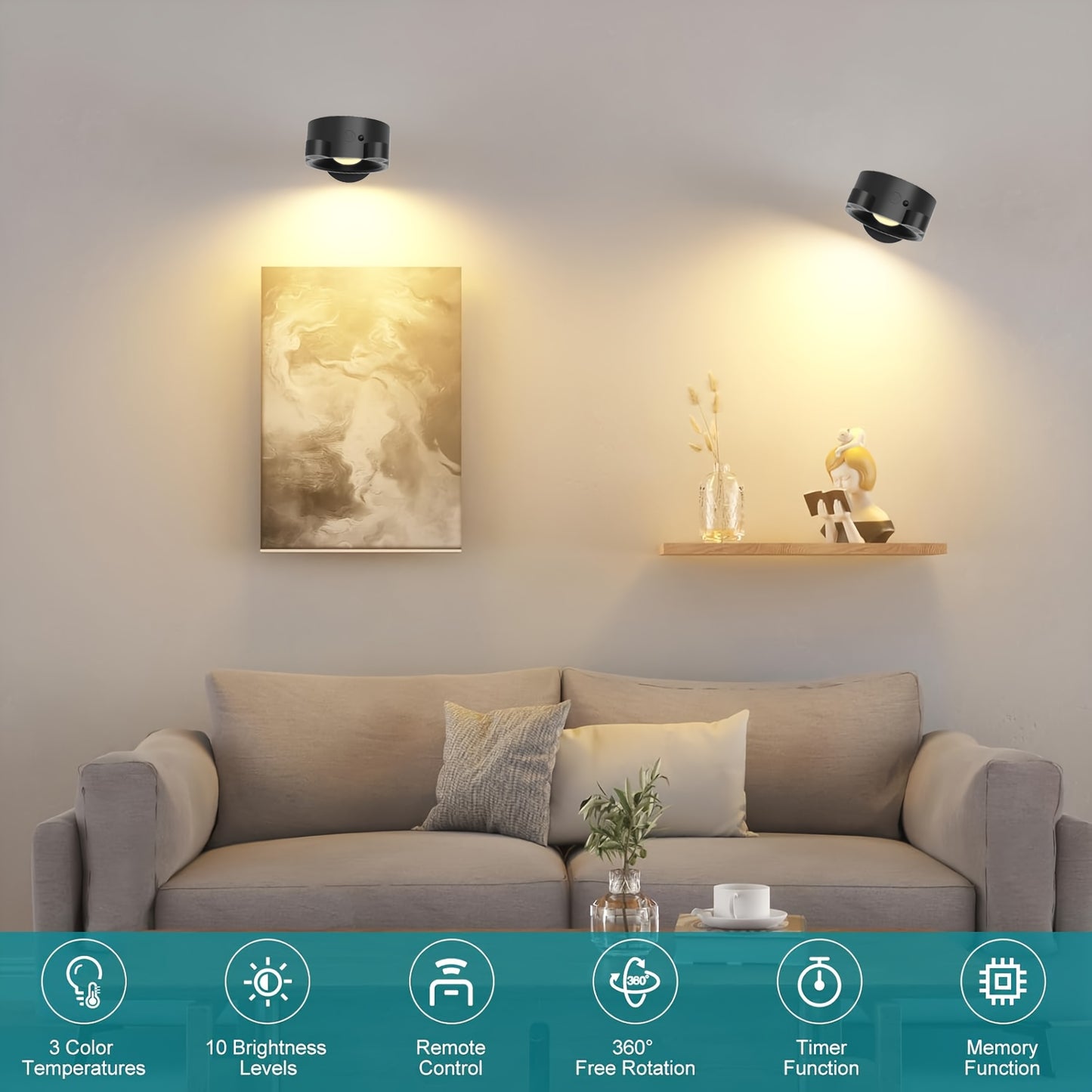 Rechargeable LED Wall Lamp – 360° Rotating Spotlight with Remote & Touch Control, 3-Color Dimming for Home & Gallery