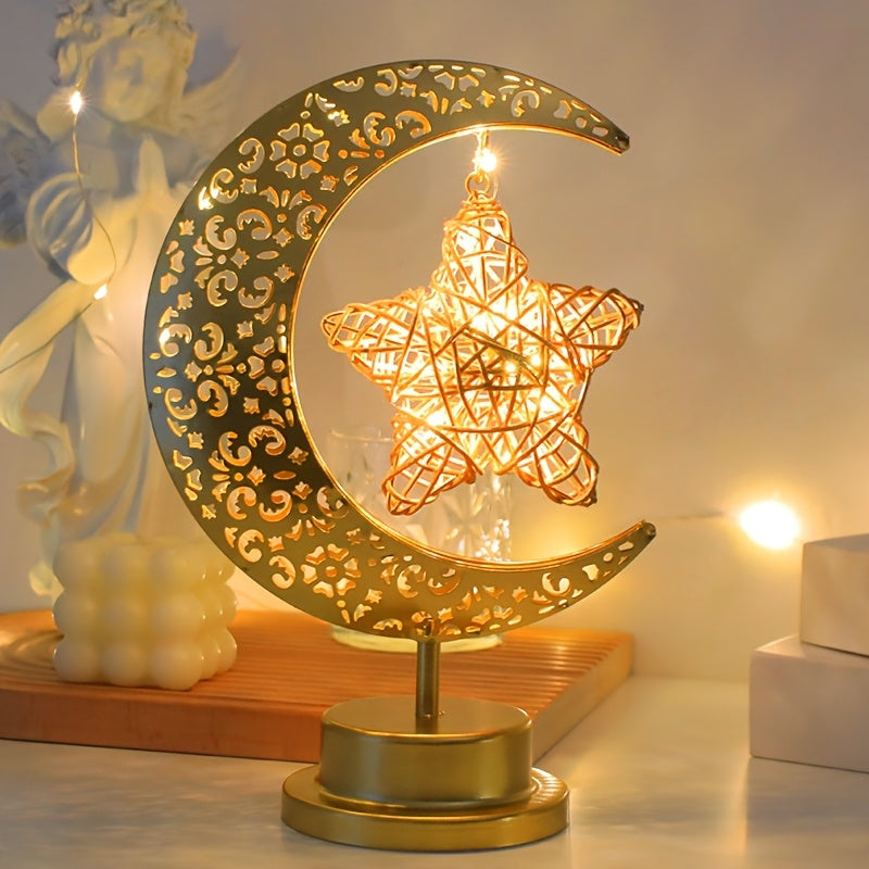[Boho Star Night Light] Shenzhi Tech Star & Moon Metal Rattan Night Light | Decorative LED Lamp with Golden Crescent Moon & Star Design, Perfect for Bedroom, Kitchen Table, or Desk Decor, Boho Home Ambient Lighting, Table Lam