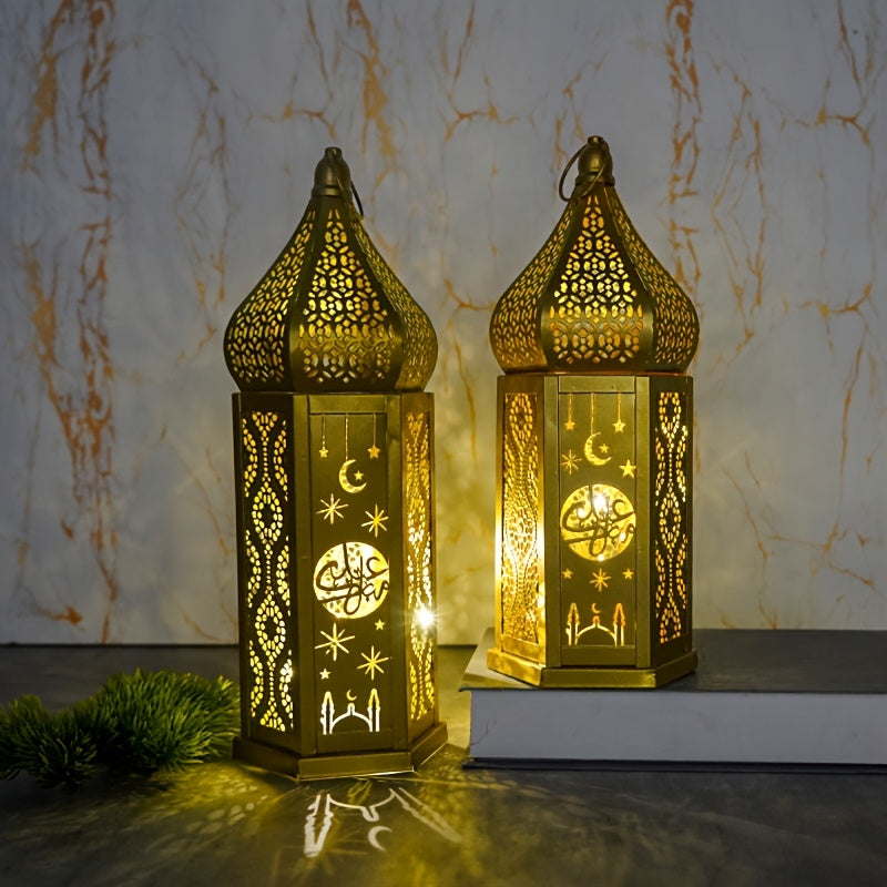 1pc Moroccan Style LED Lantern - Battery-Powered with 3 AAA Batteries (Not Included), Intricate Iron Design with Crescent Moon & Stars, Warm Glow for Ramadan Eid Weddings Home Decor, Tabletop Decoration | Decorative LED Lante