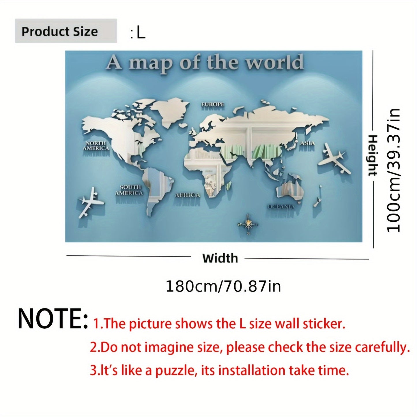 ملصق حائط خريطة العالم الأكريليكي ثلاثي الأبعاد من WINDIR - جدارية زخرفية فضية DIY (71 × 40 بوصة) لغرفة المعيشة وغرفة النوم والمكتب وديكور جدار التلفزيون