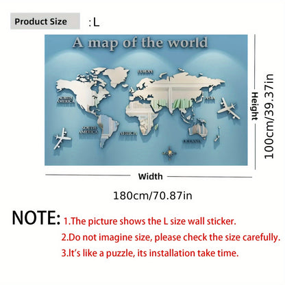 ملصق حائط خريطة العالم الأكريليكي ثلاثي الأبعاد من WINDIR - جدارية زخرفية فضية DIY (71 × 40 بوصة) لغرفة المعيشة وغرفة النوم والمكتب وديكور جدار التلفزيون
