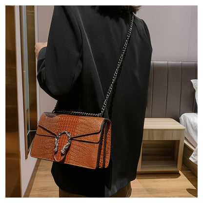 Women’s Luxury Crocodile-Embossed Crossbody Bag – Vintage Faux Leather Shoulder Purse with Adjustable Chain Strap, Zipper & Snap Closure, G-Style Design