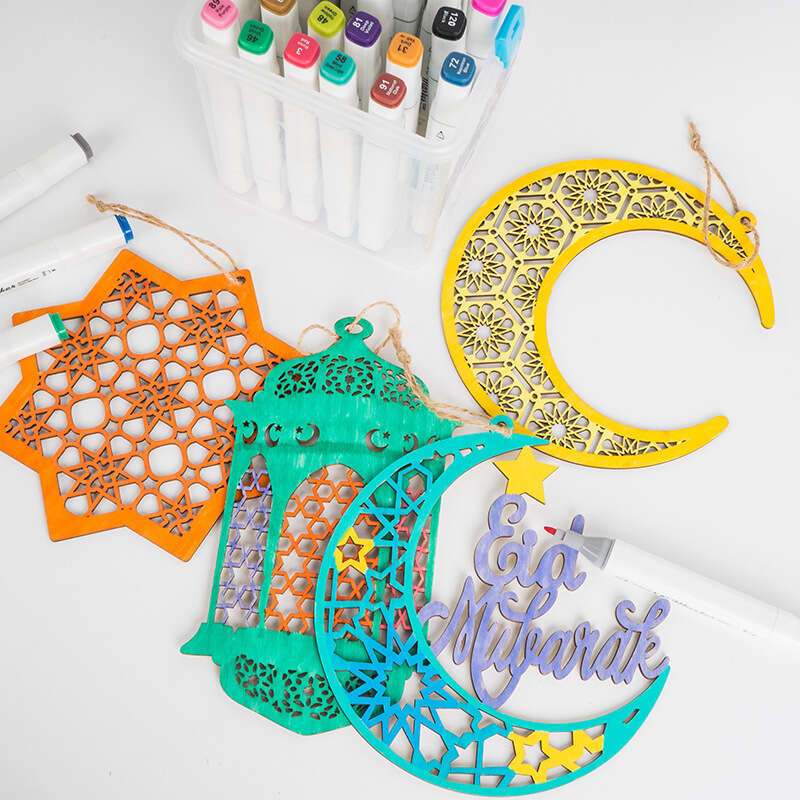 5pcs/set Eid Mubarak Wooden Hanging Ornaments Hollowed Moon Star Pendant for Ramadan Eid al-Fitr Party Decoration DIY Painting Gifts