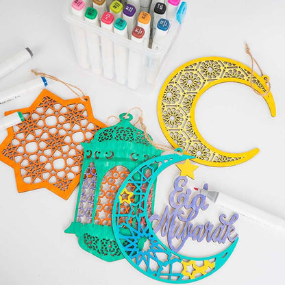 5pcs/set Eid Mubarak Wooden Hanging Ornaments Hollowed Moon Star Pendant for Ramadan Eid al-Fitr Party Decoration DIY Painting Gifts