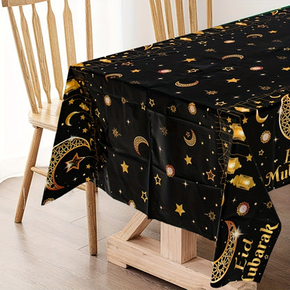 1pc,Moon Star Lantern Eid Mubarak Tablecloth,130*220cm PE Tablecover,Black Gold Table Cloth,Ramadan Decoration for Home,Eid Al-Fitr Gifts,Islamic Muslim Party Supplies,Ramadan Kareem Eid Al Adha Table Decoration