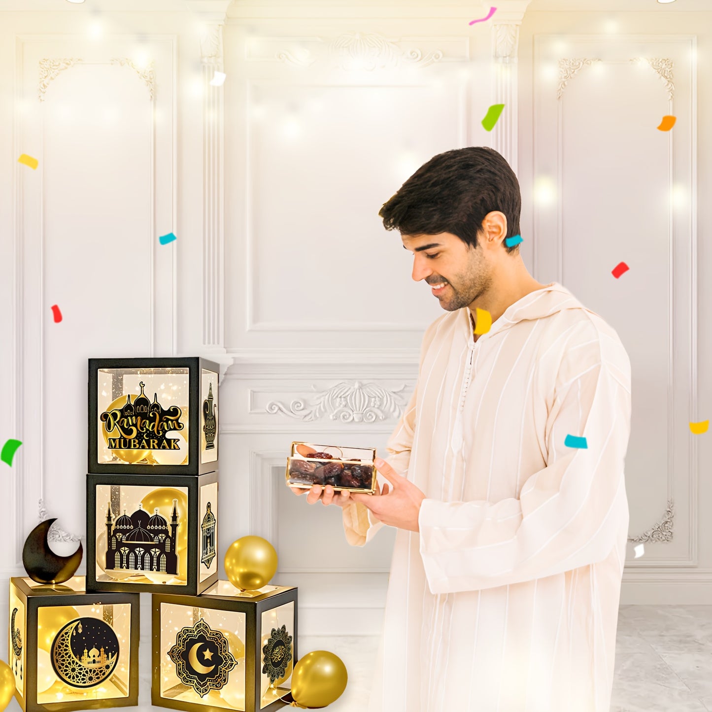 أربع علب بالونات احتفالية برمضان - ديكور عيد مبارك بتصميمات النجوم والأهلة، مثالية لتزيين المنزل وغرفة المعيشة