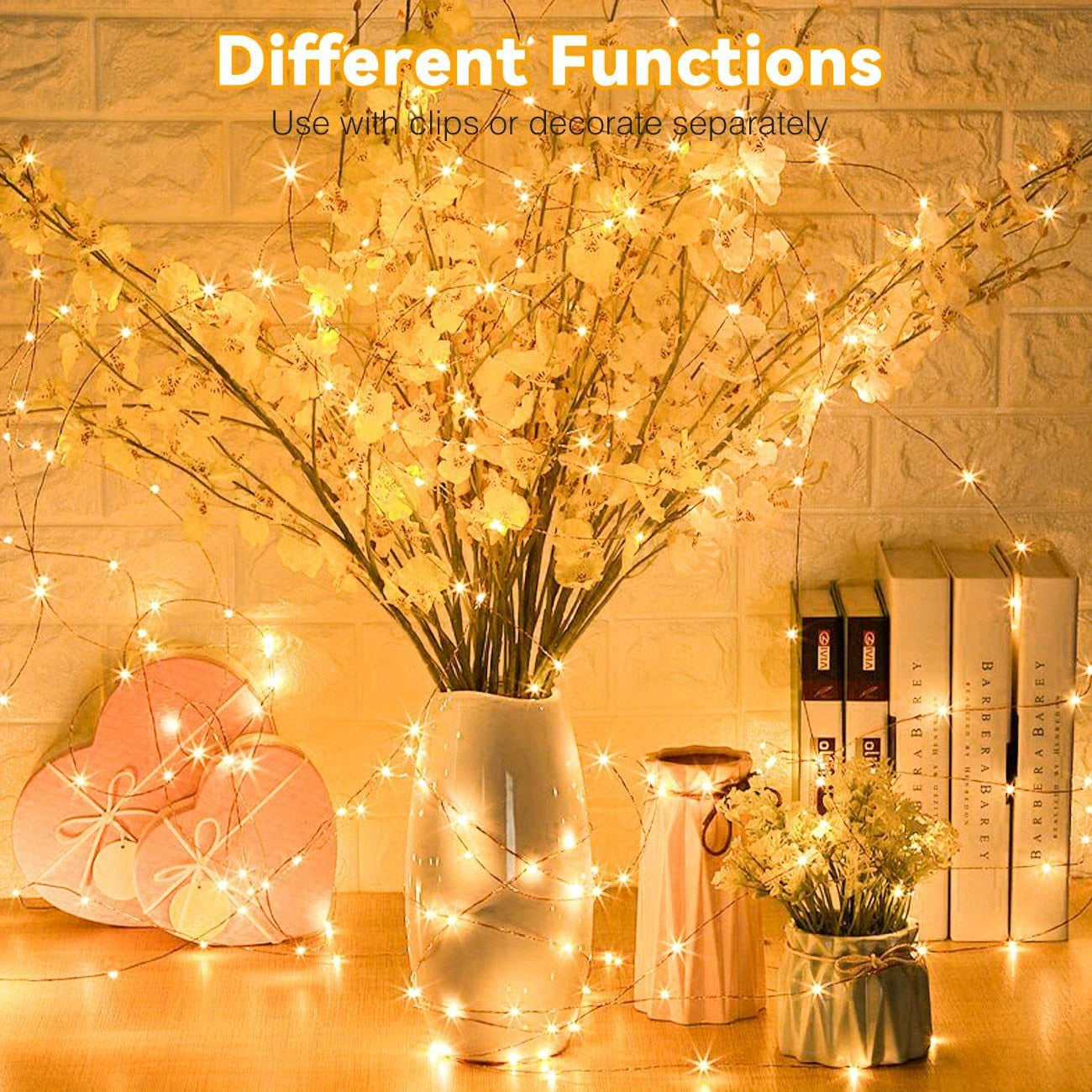 [Fairy Light Strip] 1pc 100LED Fairy Light Strip, Copper Light Rope 10M with 40 Clips, Battery Operation Garland for Bedroom, Family Party, Wedding, Christmas Decoration
