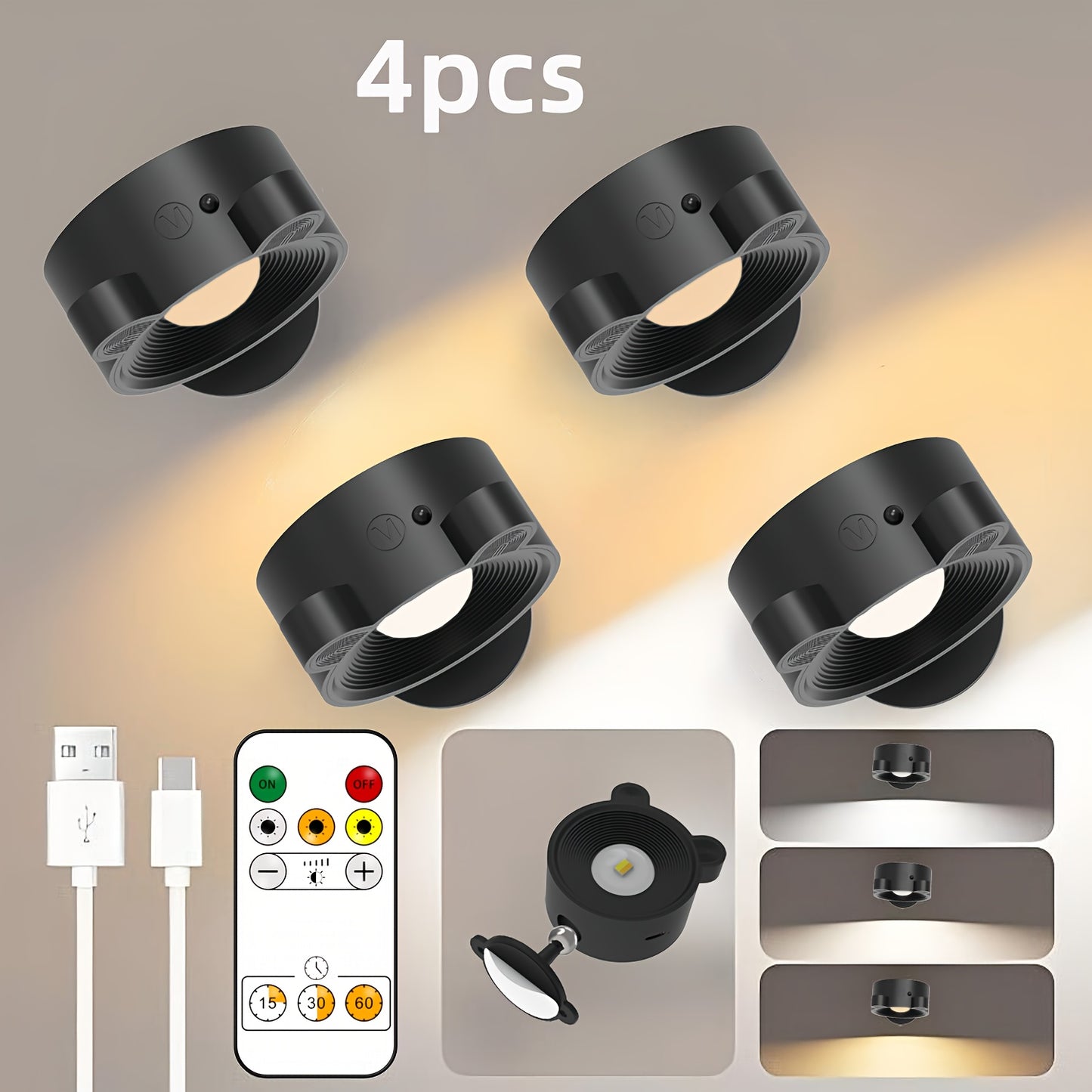 Rechargeable LED Wall Lamp – 360° Rotating Spotlight with Remote & Touch Control, 3-Color Dimming for Home & Gallery