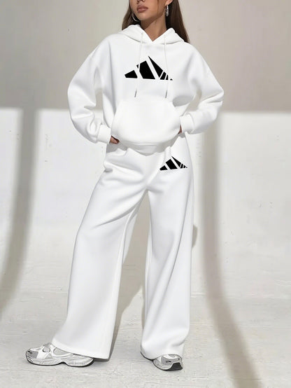 Women’s Winter Hooded Sweatshirt & Jogger Set – Casual Pullover with Letter Print, Pockets & Drawstring Waist