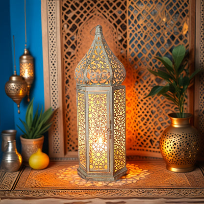 قطعتان من الشمعدانات المعدنية المغربية الكلاسيكية - حامل شموع ورف للمدفأة، مناسبان لتزيين المنزل. [الشموع غير متضمنة]