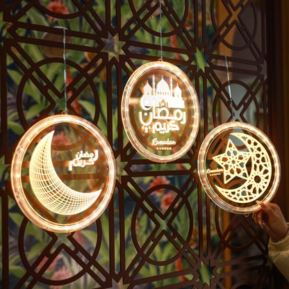 فوانيس رمضانية بتقنية LED - تصميم الخط العربي والهلال، تعمل بالبطارية، مصابيح معلقة داخلية/خارجية مع زر تحكم، فوانيس زخرفية