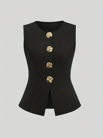 Women’s Elegant Waist-Cinching Vest & Wide-Leg Pants Set – Solid Button-Up Two-Piece Outfit for Office or Casual Wear