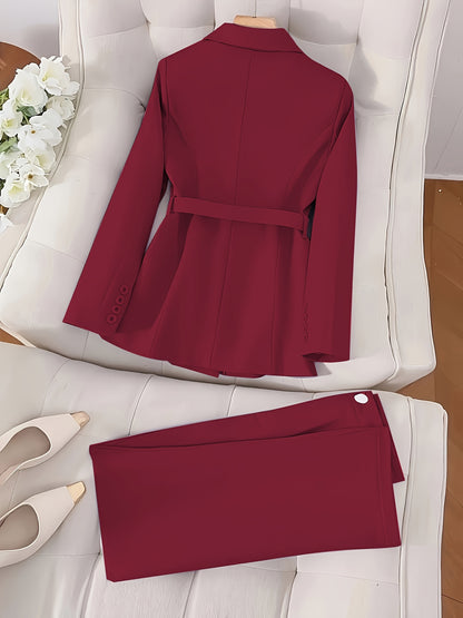 بدلة أنيقة بلون واحد من البليزر مع حزام وبنطال طويل - ملابس مكتب أنيقة لربيع/صيف للنساء مع جيوب