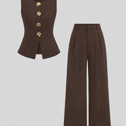 Women’s Elegant Waist-Cinching Vest & Wide-Leg Pants Set – Solid Button-Up Two-Piece Outfit for Office or Casual Wear