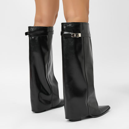 Women's Western Cowboy Boots – Chunky Heel, Pointed Toe, Buckle Detail & Slip-Resistant Sole, Stylish All-Season White Boots