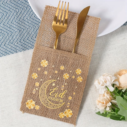 Set of 5 Burlap Bags Featuring Flowers, Perfect for Eid And Ramadan. These Bags Can Hold Knives And Forks And Serve As Festive Decorations for Your Home, Ideal for Islamic Muslim Gatherings And Tableware