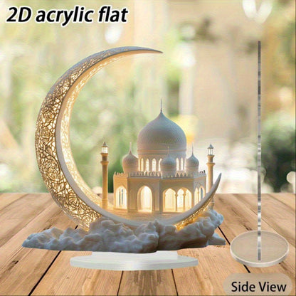 2D Flat - [2D Flat] A Stylish Acrylic Moon Decorative Piece for a 2D Plane, Featuring a Complex Crescent Design Alongside Golden Islamic Architecture. This Versatile Gift Is Perfect for Mother'S Day, Eid, Or Home Office Decor