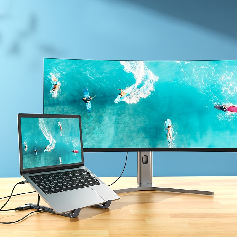 2025 Upgrade 8-in-1 USB-C Hub Laptop Stand – 100W PD Fast Charging, 4K HDMI, SD/TF, Dual USB 3.1 Ports, Sleek Design