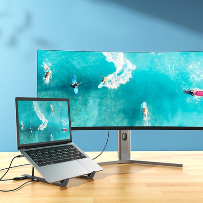 2025 Upgrade 8-in-1 USB-C Hub Laptop Stand – 100W PD Fast Charging, 4K HDMI, SD/TF, Dual USB 3.1 Ports, Sleek Design