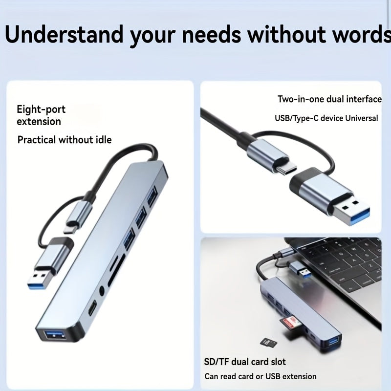 [8-in-1 USB Hub] 8-in-1 USB 3.0 Hub | Type-C Docking Station for Laptops & Desktops with Multi-Port Simultaneous Use, High-Speed Scaling, CD/TF Card Reader, Keyboard, Mouse, Hard Drive, and Fan Connections