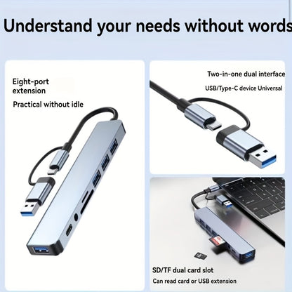 [8-in-1 USB Hub] 8-in-1 USB 3.0 Hub | Type-C Docking Station for Laptops & Desktops with Multi-Port Simultaneous Use, High-Speed Scaling, CD/TF Card Reader, Keyboard, Mouse, Hard Drive, and Fan Connections