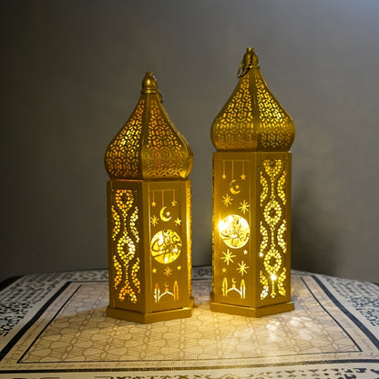 1pc Moroccan Style LED Lantern - Battery-Powered with 3 AAA Batteries (Not Included), Intricate Iron Design with Crescent Moon & Stars, Warm Glow for Ramadan Eid Weddings Home Decor, Tabletop Decoration | Decorative LED Lante