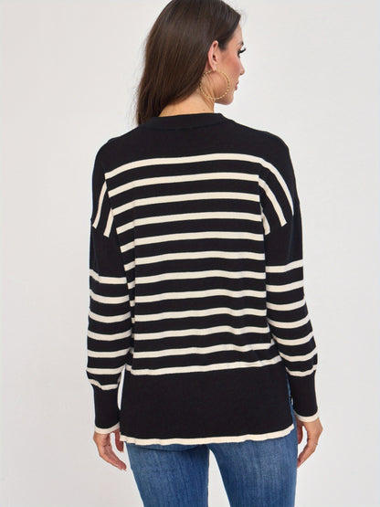 سترة نسائية شتوية دافئة مخططة - بلوزة محبوكة بأكمام طويلة ورقبة دائرية باللونين الأسود والأبيض، سترة أنيقة قابلة للتمدد مع الجينز والسراويل الضيقة