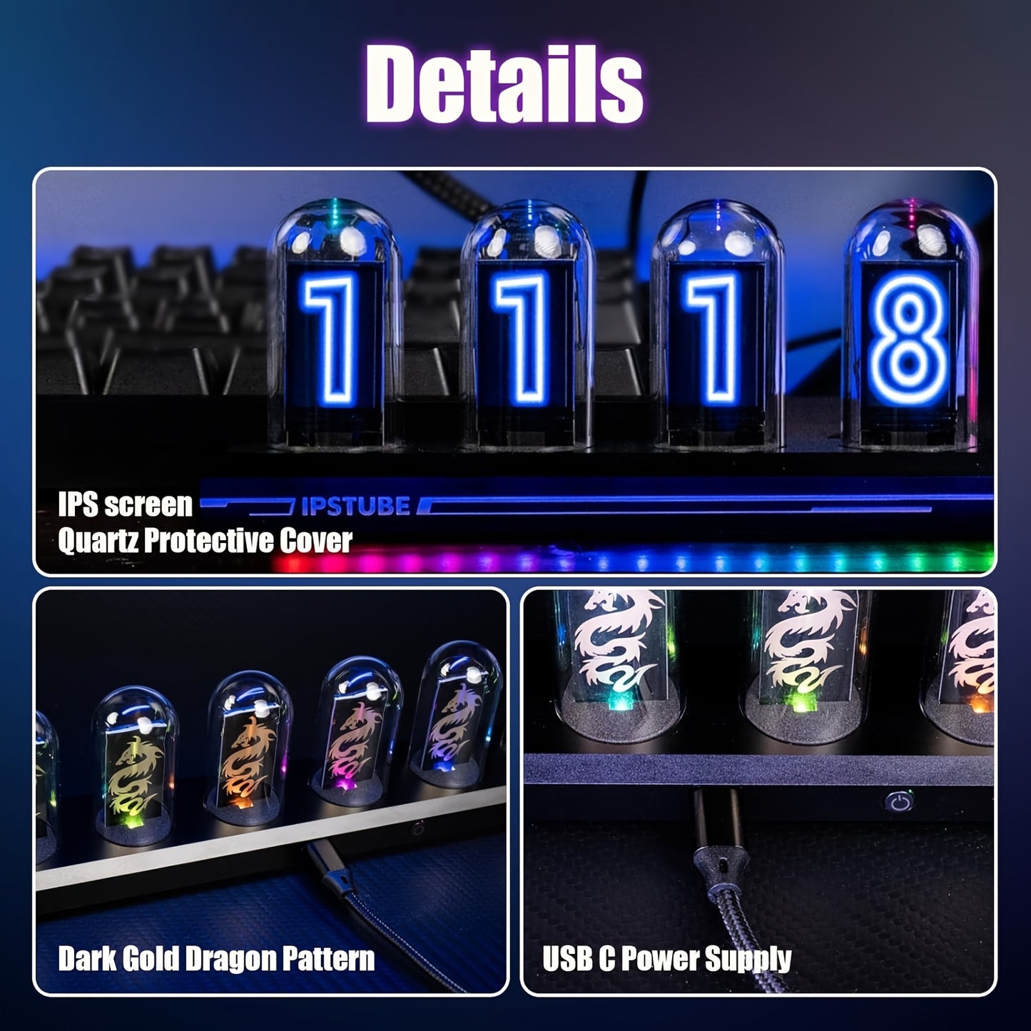 RGB LED Nixie Tube Clock – DIY IPS Display with 16M Colors, App Control, Temp & Weather Display, Modern Home Decor Gift