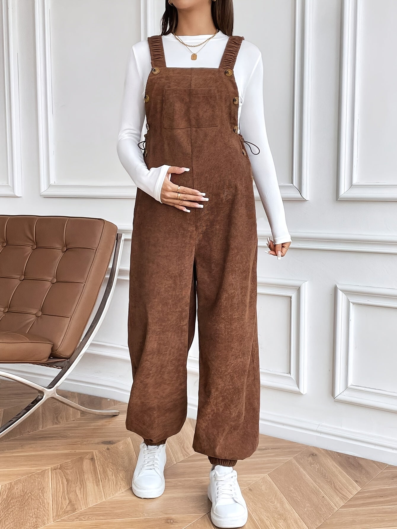 Women’s Maternity Oversized Trousers – Full-Length Corduroy-Style Pregnancy Pants with Adjustable Drawstring Waist & Golden-Tone Buttons