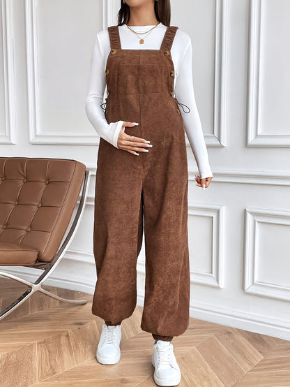Women’s Maternity Oversized Trousers – Full-Length Corduroy-Style Pregnancy Pants with Adjustable Drawstring Waist & Golden-Tone Buttons