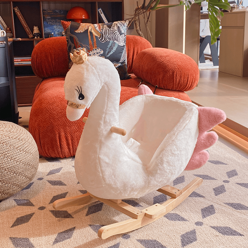 White Swan-Themed Rocking Horse – Soft Rocking Pony with Safety Belt, Sturdy Frame & One-Button Operation, Ideal Infant Learning Toy & Gift