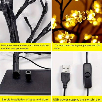 Majisu 48-LED Cherry Blossom Tree Lamp – USB-Powered Table Light with Switch Control for Home & Festive Decor