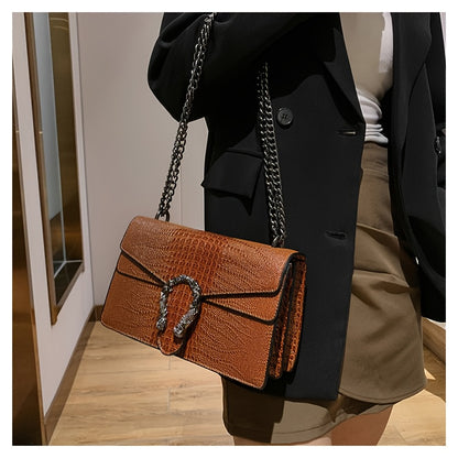 Women’s Luxury Crocodile-Embossed Crossbody Bag – Vintage Faux Leather Shoulder Purse with Adjustable Chain Strap, Zipper & Snap Closure, G-Style Design