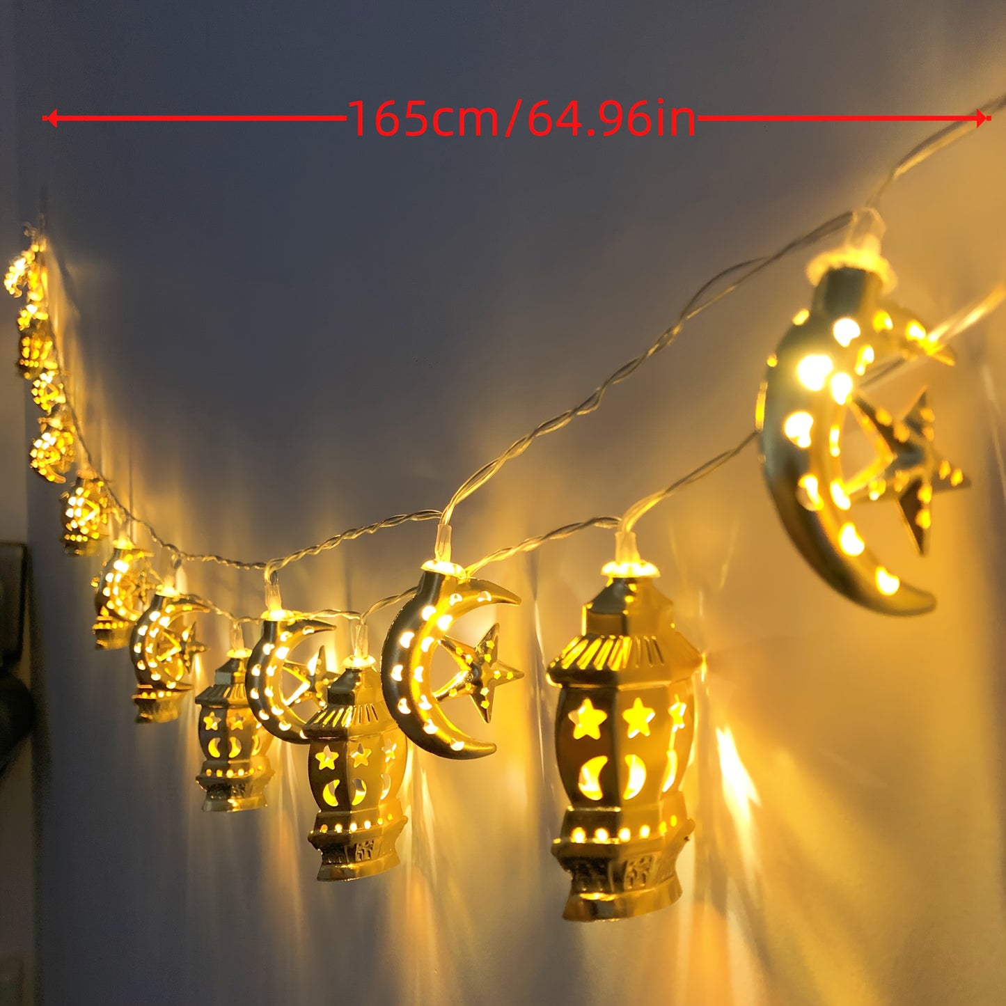 LED Ramadan Light String, 1.65 Meters 10 Lights Golden Star and Moon Light String, Golden Palace Lamp Battery Model Without Batteries, Eid al-Fitr Stars and Moons Decorative Lights, Muslim Festival Party Decoration, Home Deco