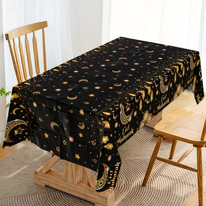 1pc,Moon Star Lantern Eid Mubarak Tablecloth,130*220cm PE Tablecover,Black Gold Table Cloth,Ramadan Decoration for Home,Eid Al-Fitr Gifts,Islamic Muslim Party Supplies,Ramadan Kareem Eid Al Adha Table Decoration