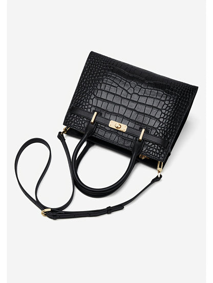 AKFU Women's Genuine Leather Handbag – Crocodile Texture Convertible Crossbody & Clutch with Detachable Strap