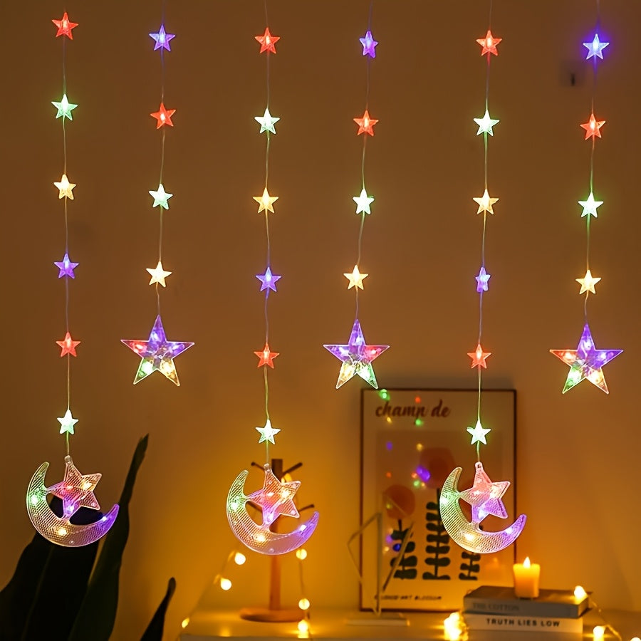ستارة إضاءة دافئة على شكل هلال ونجمة، بطول 200 سم/78.74 بوصة، أضواء سلسلة LED رمضانية، مناسبة لتزيين غرف النوم، وتزيين الجدران والنوافذ، خيار مثالي لرمضان، عيد الفطر، رمضان مبارك، للمنزل
