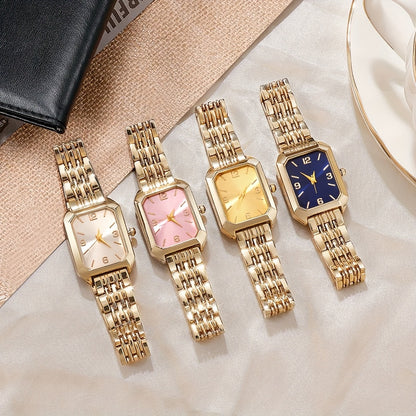 Women’s 4-Piece Quartz Watch Gift Set – Stylish Retro Rectangular Dial with Comfortable Alloy Straps, Perfect for Daily Wear & Gifting