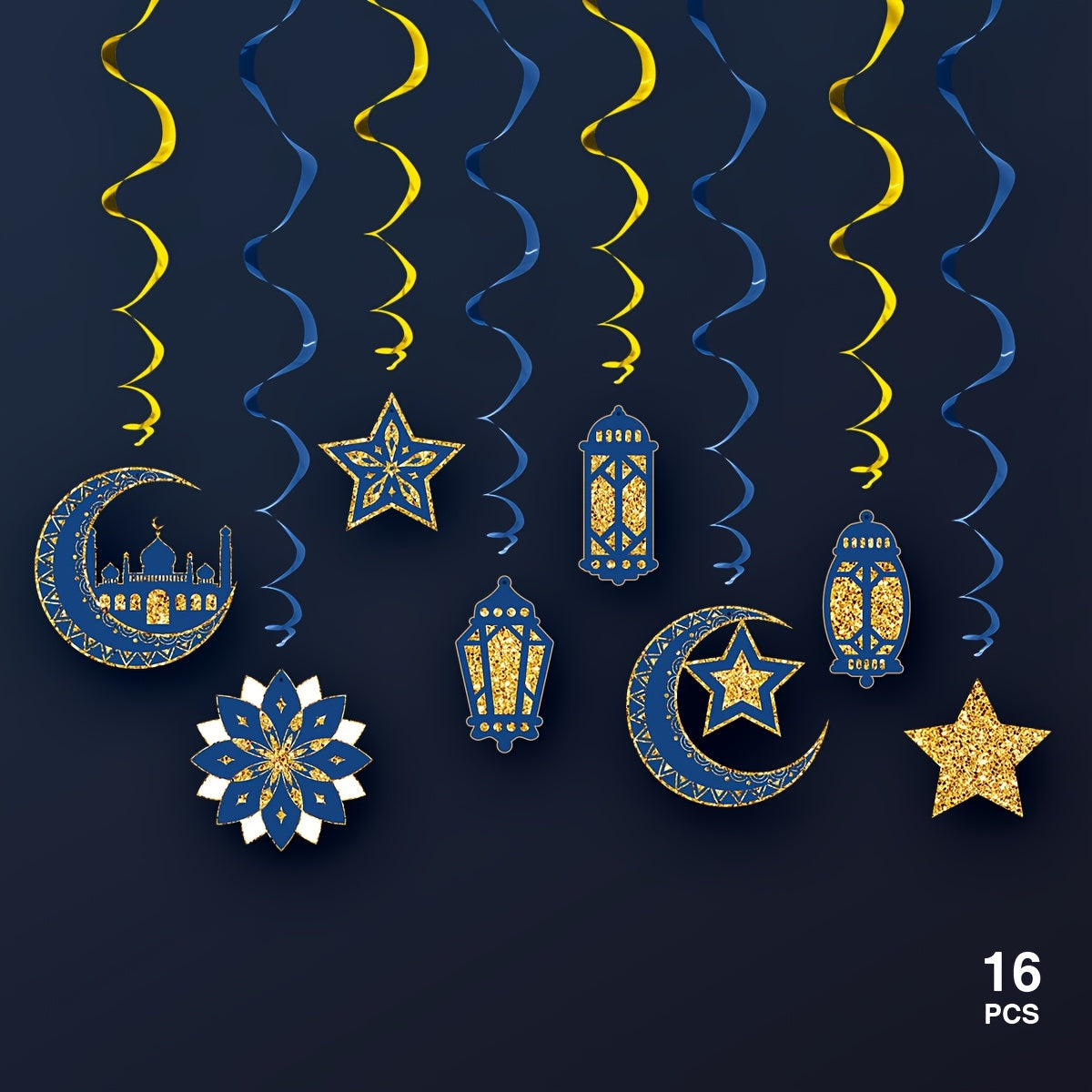 16pcs Islamic Ramadan & Eid Al-Fitr Ceiling Decorations Suitable for Muslim Parties - Elegant Islamic Spiral Stairs with & Islamic Motifs, Ceiling Hanging Ornaments for Ramadan, Eid, Muslim (Paper)