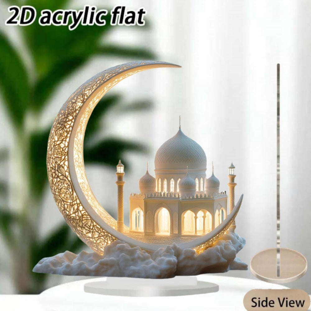 2D Flat - [2D Flat] A Stylish Acrylic Moon Decorative Piece for a 2D Plane, Featuring a Complex Crescent Design Alongside Golden Islamic Architecture. This Versatile Gift Is Perfect for Mother'S Day, Eid, Or Home Office Decor