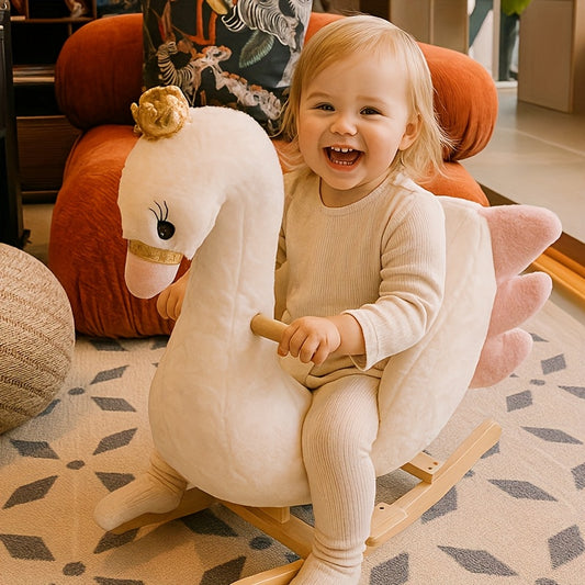 White Swan-Themed Rocking Horse – Soft Rocking Pony with Safety Belt, Sturdy Frame & One-Button Operation, Ideal Infant Learning Toy & Gift