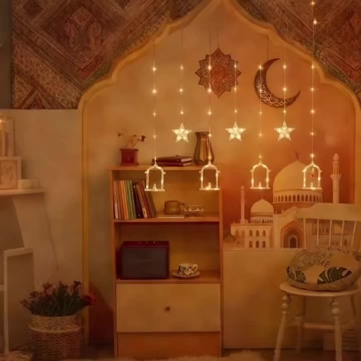 1pc Ramadan Lamp Decoration, Ramadan Curtain Light, Muslim Ramadan LED String Light, Crescent Moon Curtain Light, Moon Castle Curtain Light, Home Holiday Decoration, Warm and Romantic Atmosphere Light, Perfect for Ramadan, Ei