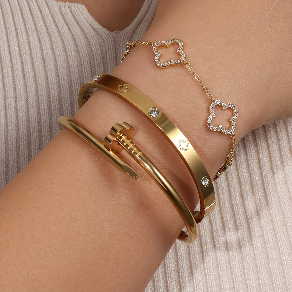 طقم مجوهرات نسائي مكون من 3 قطع على شكل زهرة بأربع أوراق - أساور عصرية من الفولاذ المقاوم للصدأ على الطراز الأوروبي والأمريكي مع تطعيمات من الزركونيا اللامعة، مثالية للارتداء اليومي والحفلات