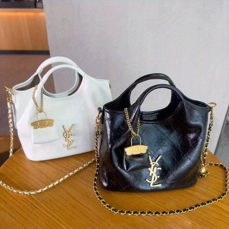 Women’s 2026  Luxury Chain-Link Convertible Handbag – Magnetic Closure Second-Layer Leather Tote with Polyester Lining, 10+ Styling Options (White/Black)